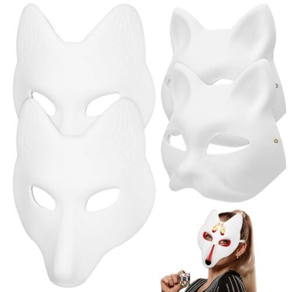 2958 4 Pcs Fox and Cat Masks Set, Paintable Blank Masks for Diy, Perfect